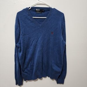 Polo Ralph Lauren Vintage Size XL Sweater Blue Pima Cotton V-Neck Pullover